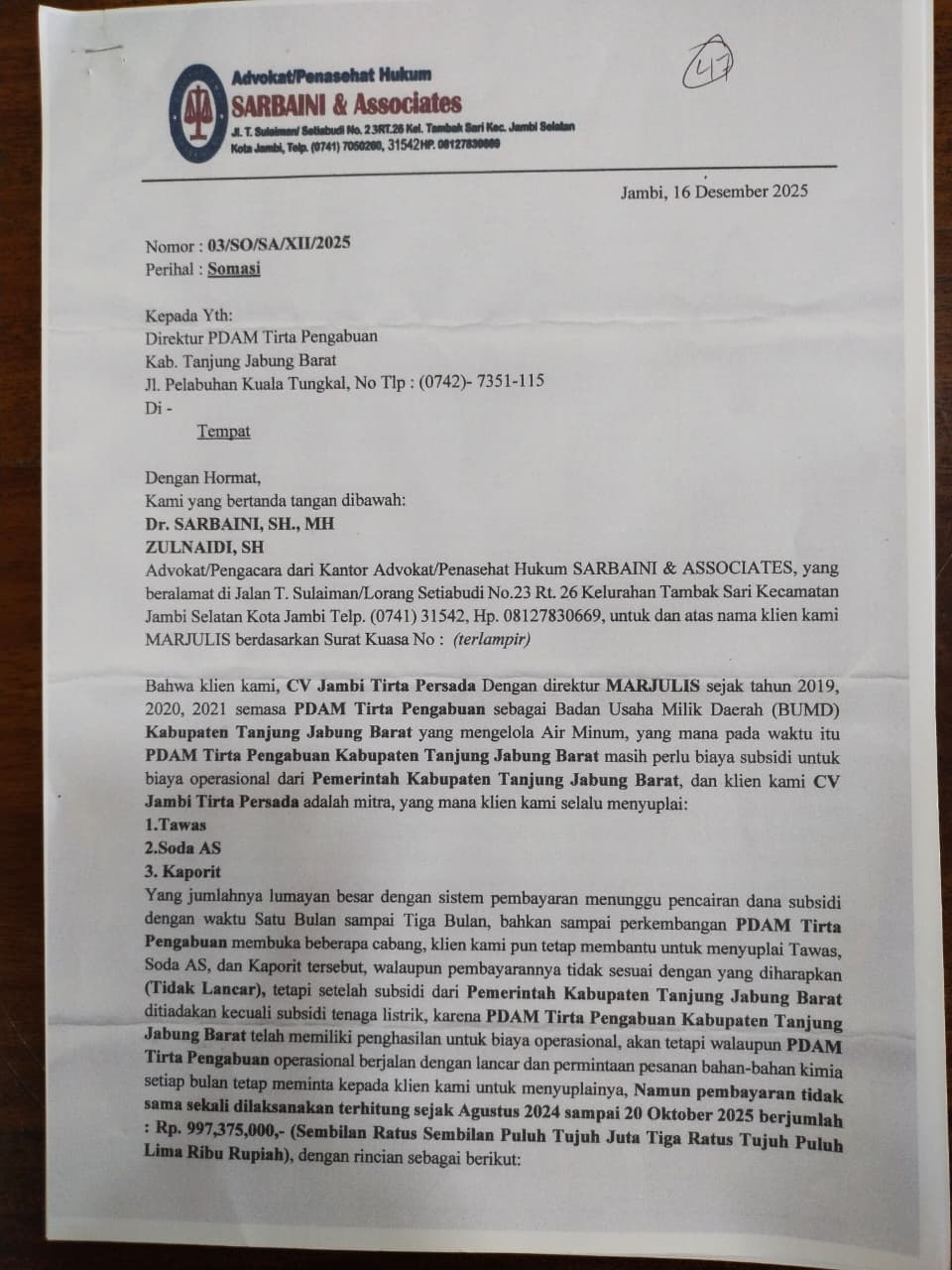 Surat somasi ke PDAM Tirta Pengabuan